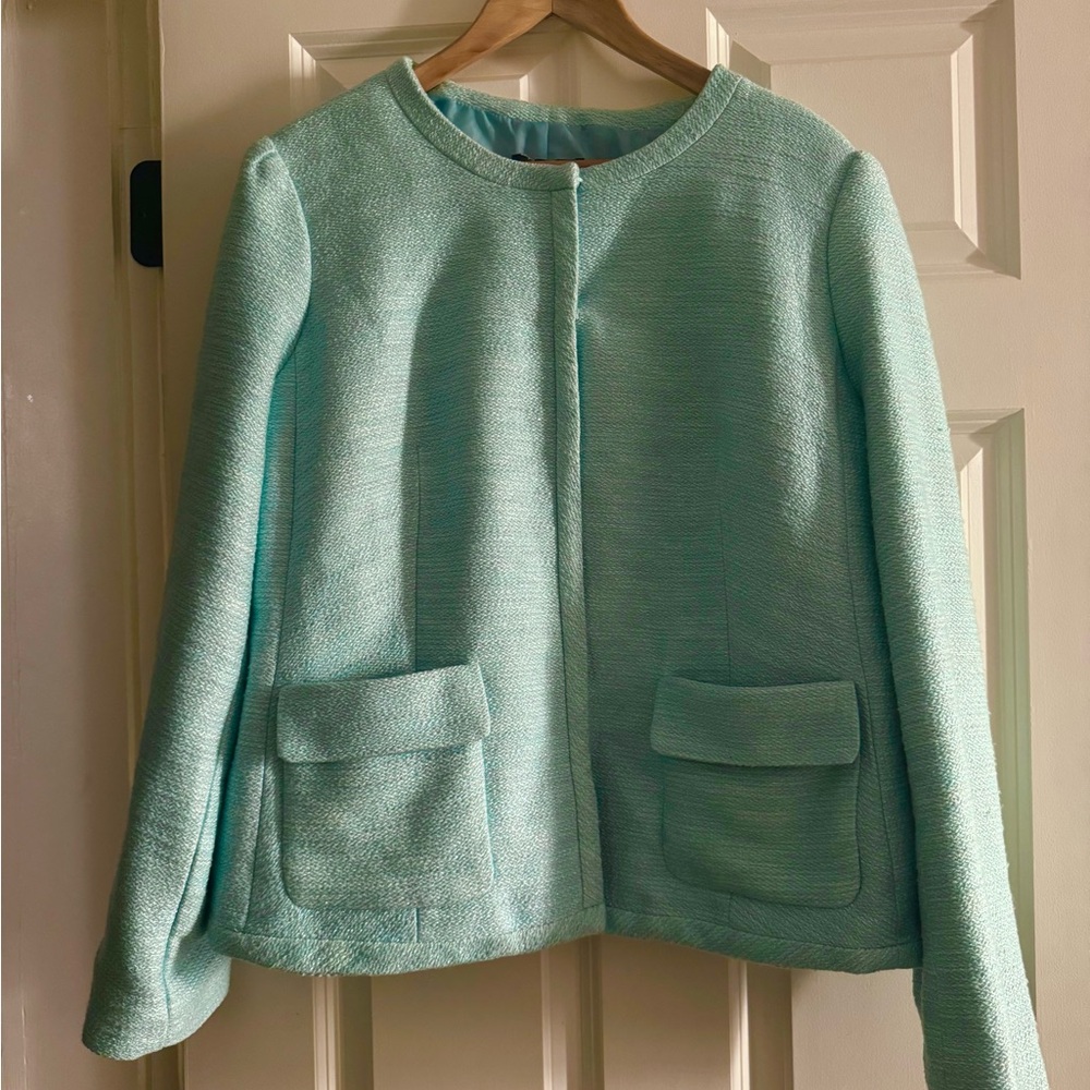 Talbot’s teal Tweed lined button front blazer NWT - image 3